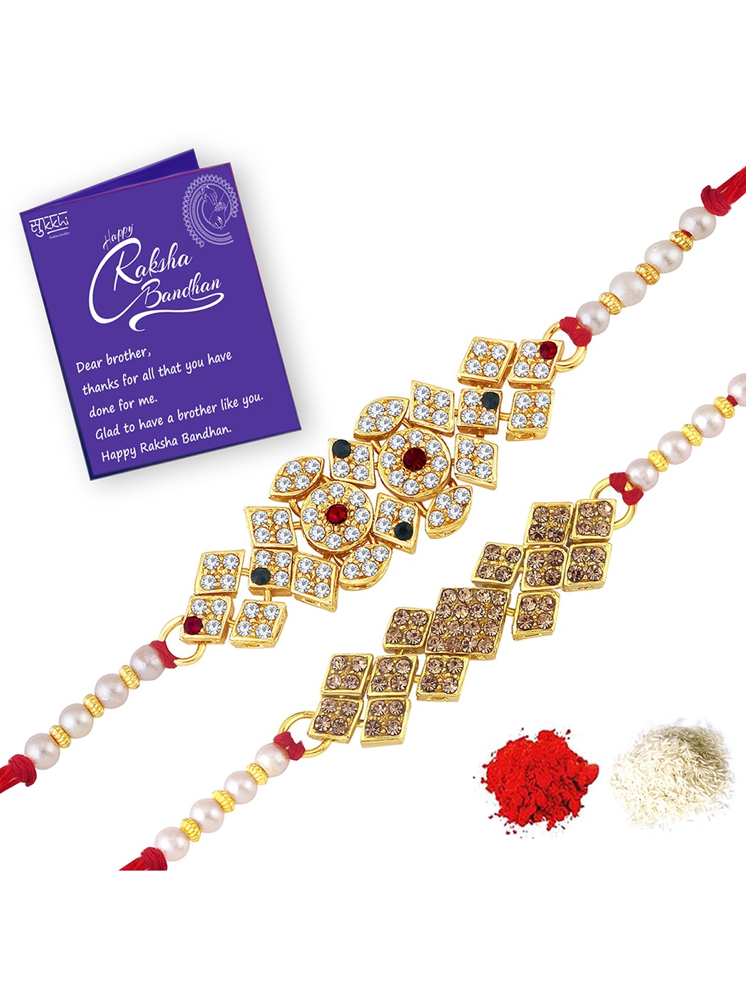 

Sukkhi Rakhi Men Set Of 2 Gold-Plated Red & White Stone-Studded & Beaded Rakhi With Roli Chawal & Raksha Bandhan Greeting Card