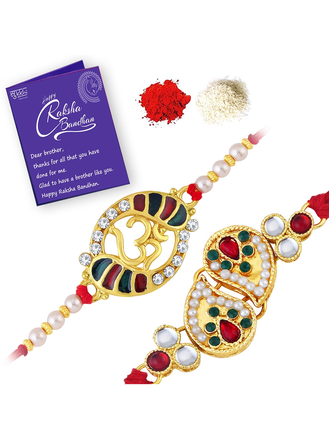 

Sukkhi Rakhi Men Set Of 2 Gold-Plated Red & White Stone-Studded Rakhi With Roli Chawal & Greeting Card