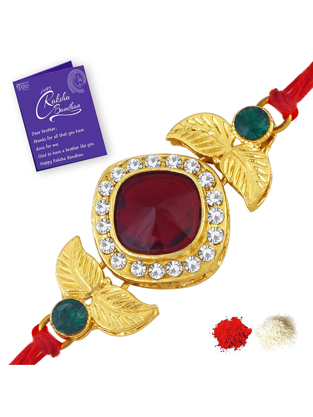 

Sukkhi Rakhi Men Gold-Plated Maroon & White Stone-Studded Rakhi With Roli Chawal & Greeting Card