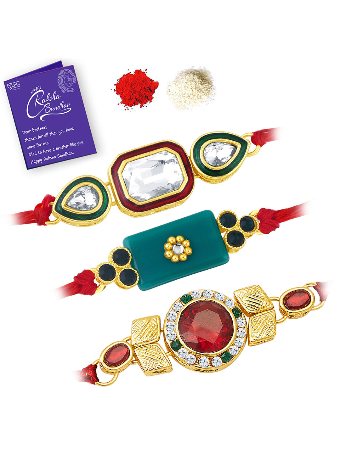 

Sukkhi Rakhi Men Set Of 3 Gold-Plated & Red Stone-Studded & Beaded Rakhi With Roli Chawal & Raksha Bandhan Greeting Card