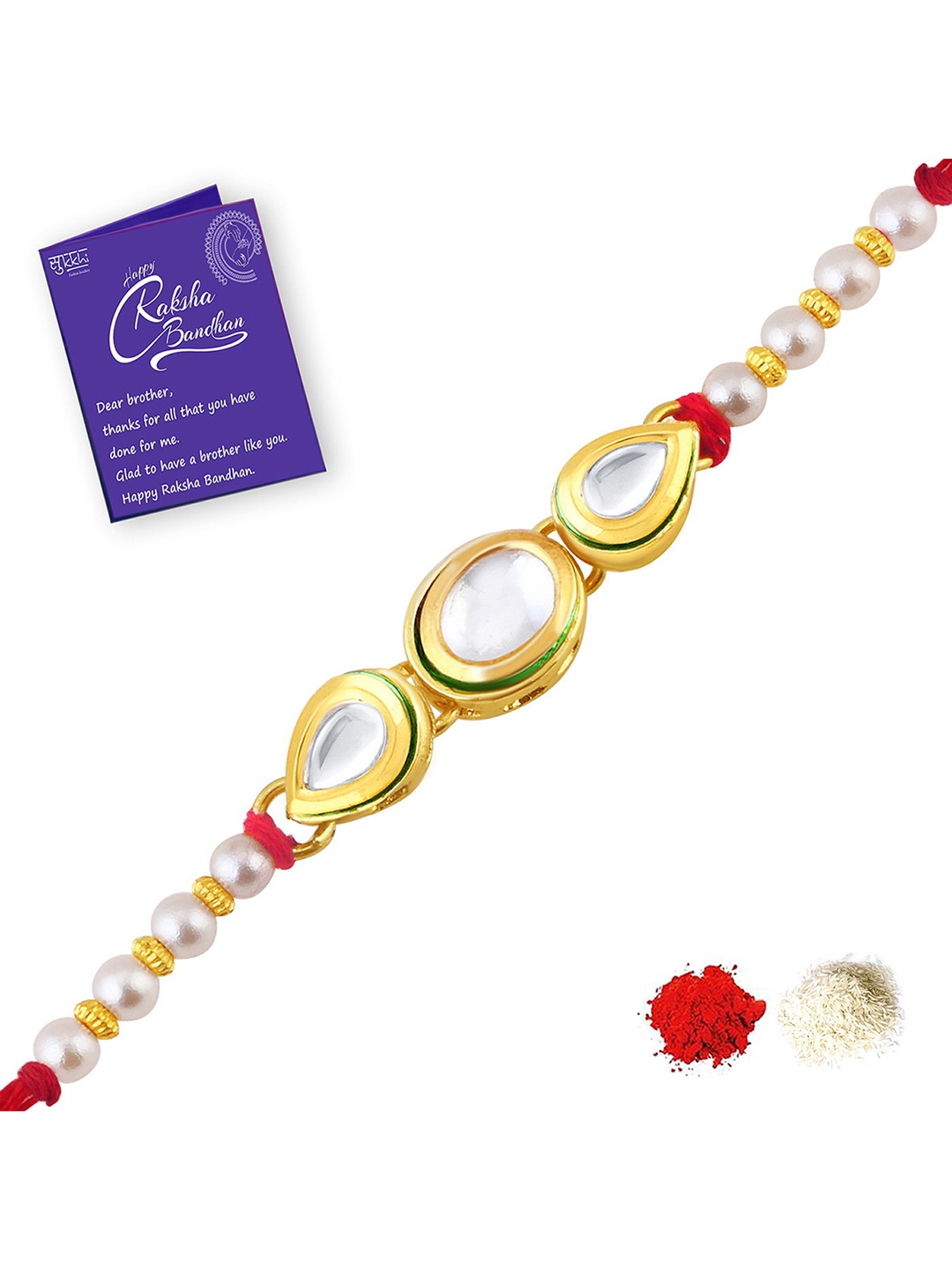 

Sukkhi Rakhi Men Gold-Plated White Stone-Studded Beaded Rakhi With Roli Chawal & Greeting Card