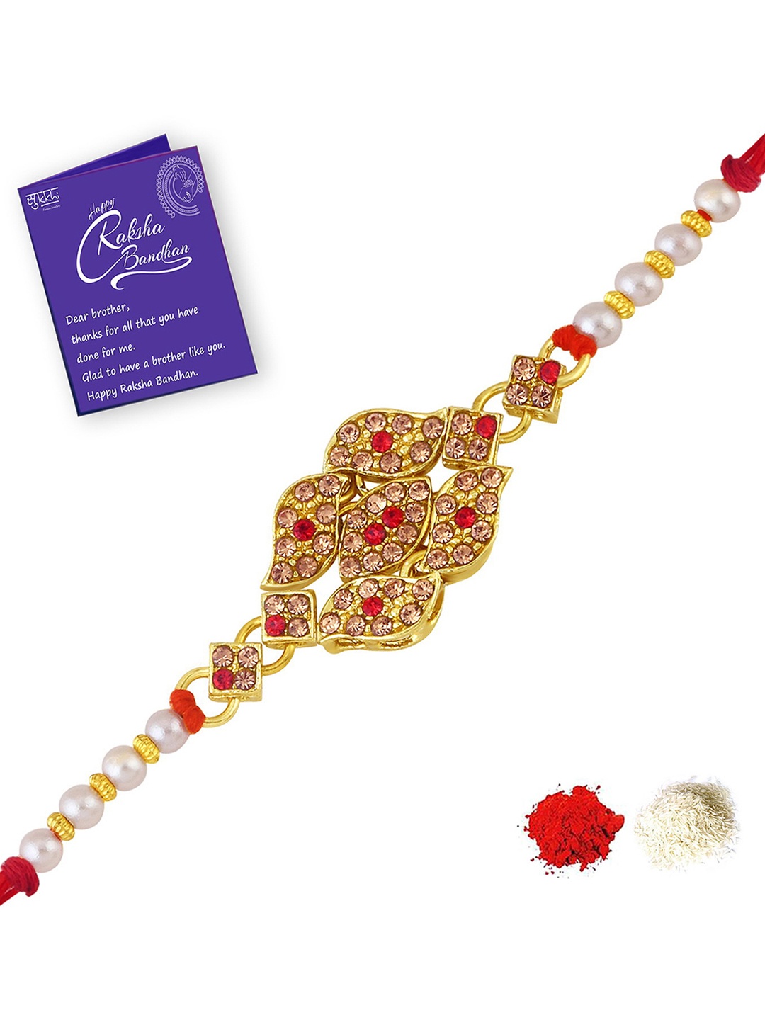 

Sukkhi Rakhi Men Gold-Plated Red & White Stone-Studded Rakhi With Roli Chawal & Greeting Card