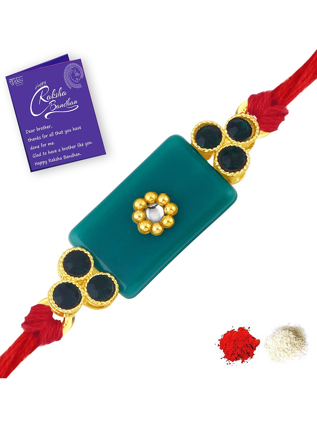 

Sukkhi Rakhi Men Gold-Plated Green & White Stone-Studded Rakhi With Roli Chawal & Raksha Bandhan Greeting Card