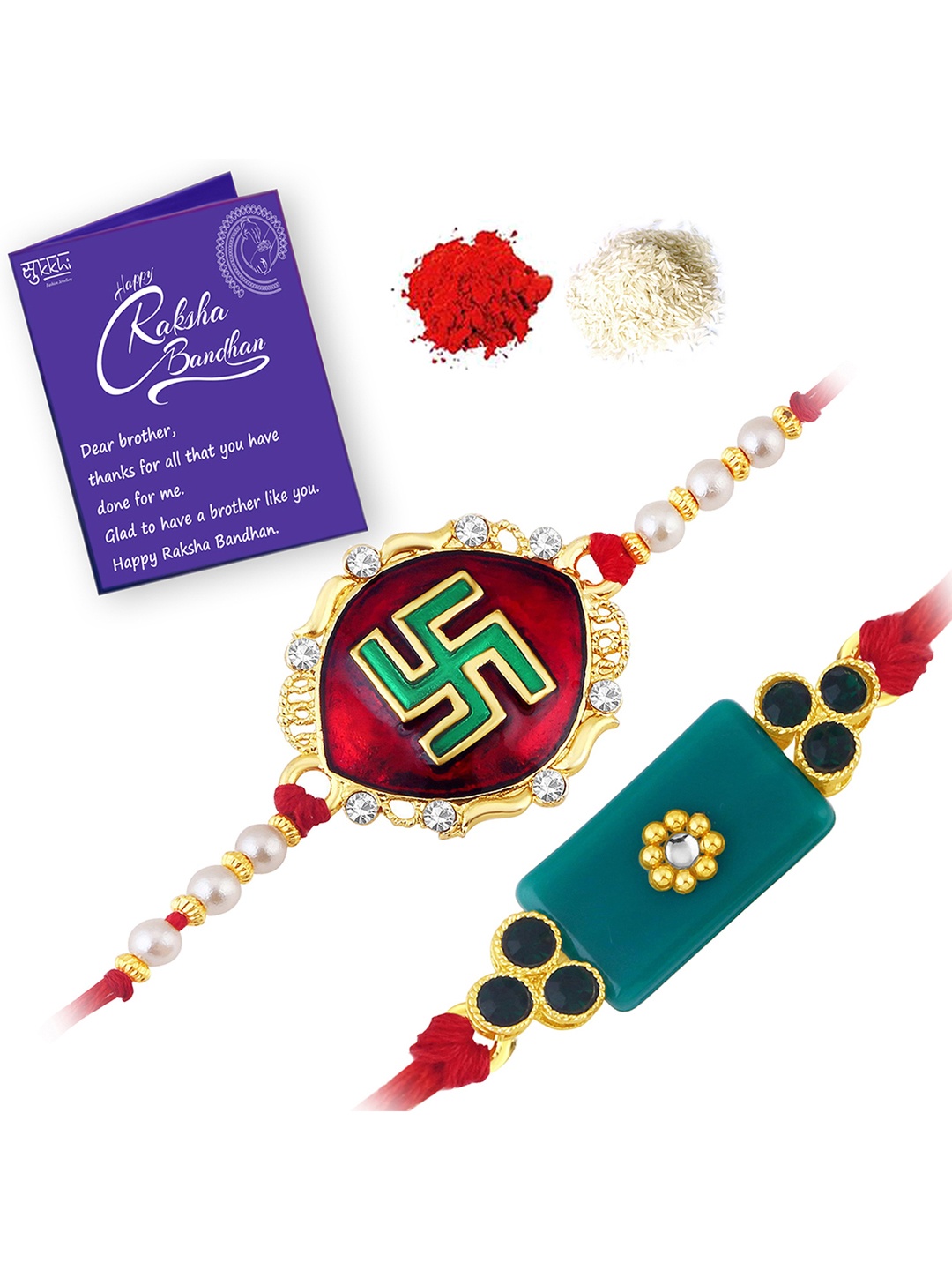 

Sukkhi Rakhi Men Set Of 2 Gold-Plated Stone-Studded & Beaded Rakhis With Roli Chawal & Raksha Bandhan Greeting Card