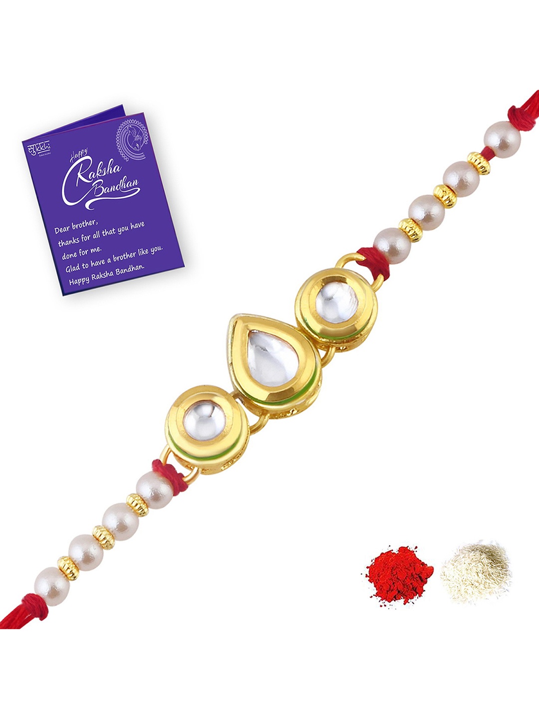 

Sukkhi Rakhi Men Gold-Plated White Stone-Studded Beaded Rakhi With Roli Chawal & Greeting Card