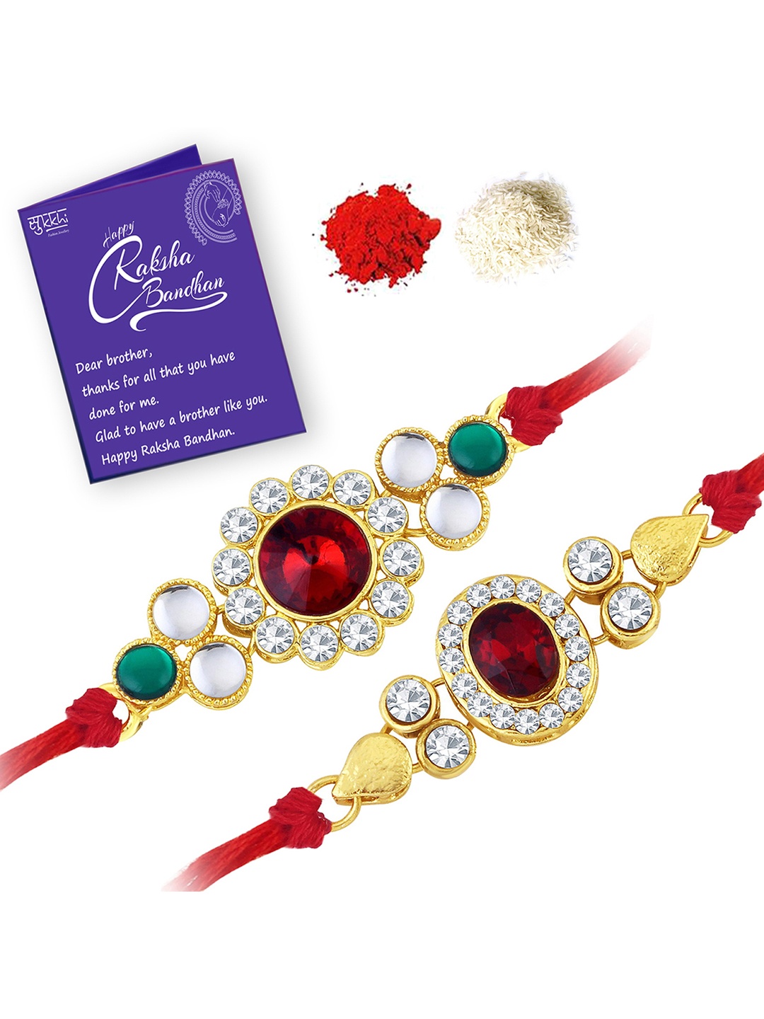 

Sukkhi Rakhi Men Set Of 2 Gold-Plated Red & White Stone-Studded Rakhi With Roli Chawal & Greeting Card