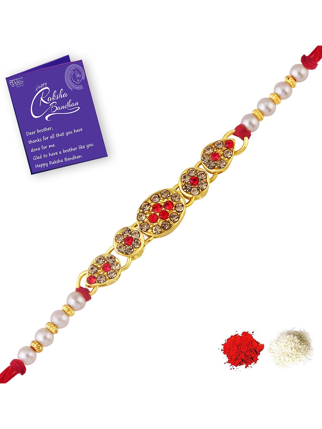 

Sukkhi Rakhi Men Gold-Plated Red & White Stone-Studded Rakhi With Roli Chawal & Greeting Card