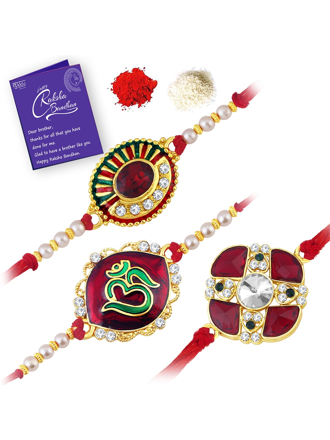 

Sukkhi Rakhi Men Set Of 3 Gold-Plated Stone-Studded & Beaded Rakhis With Roli Chawal & Raksha Bandhan Greeting Card