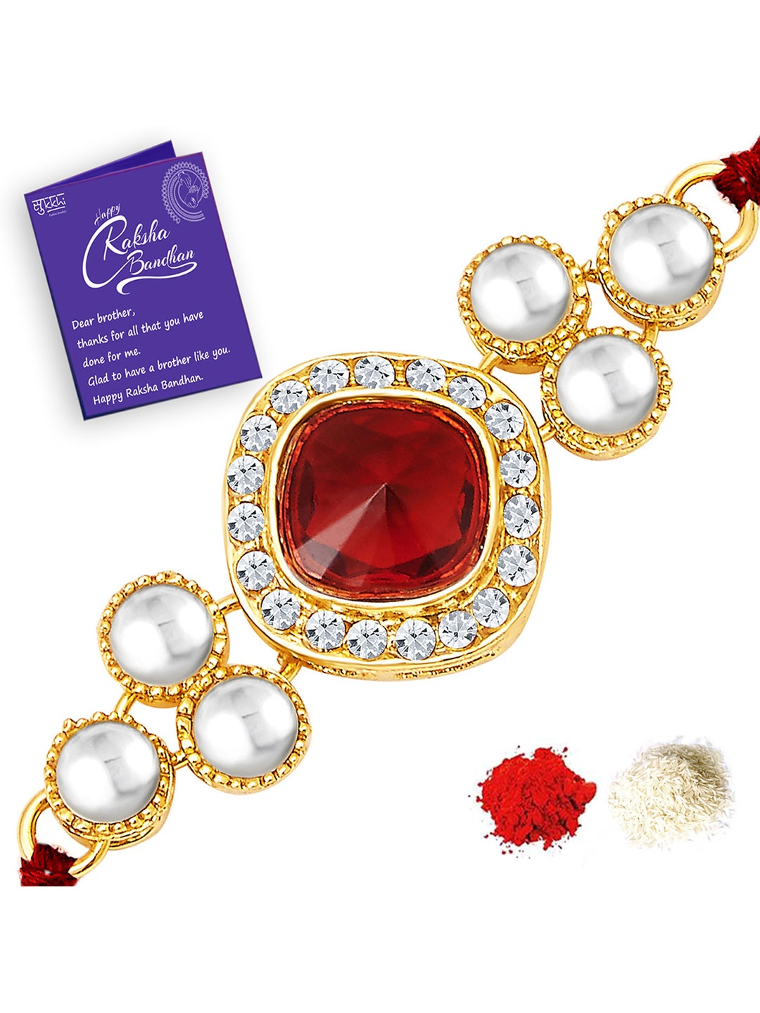 

Sukkhi Rakhi Men Gold Plated & Red Rakhi With Roli Chawal & Raksha Bandhan Greeting Card