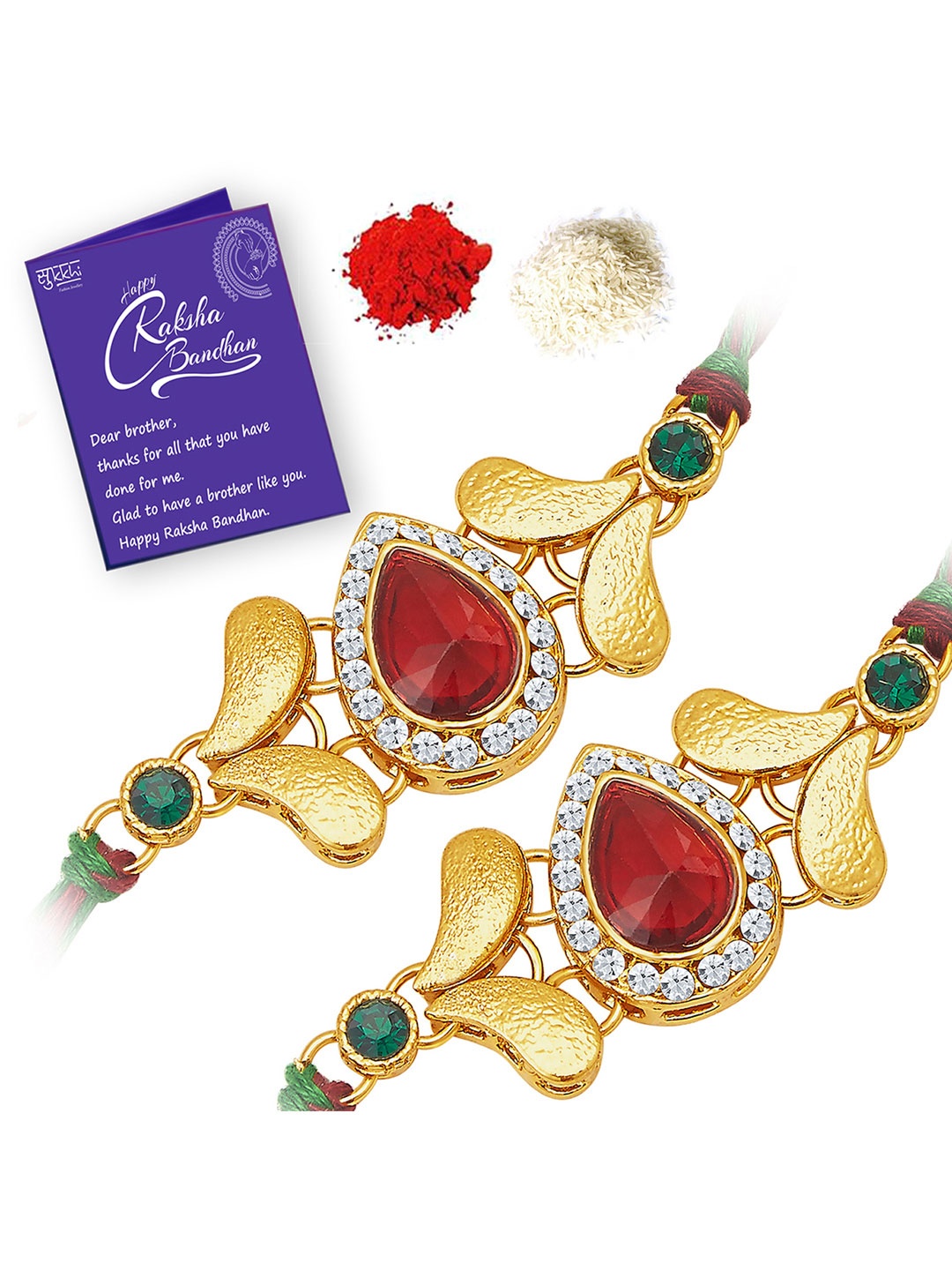 

Sukkhi Rakhi Men Set Of 2 Red Gold Plated Rakhi With Roli Chawal & Greeting Card