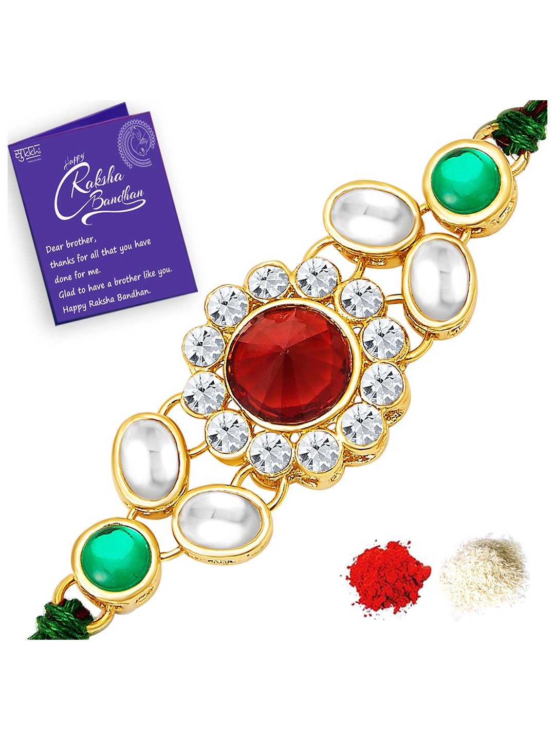 

Sukkhi Rakhi Men Red Gold-Toned Kundan-Studded Rakhi With Roli Chawal & Greeting Card