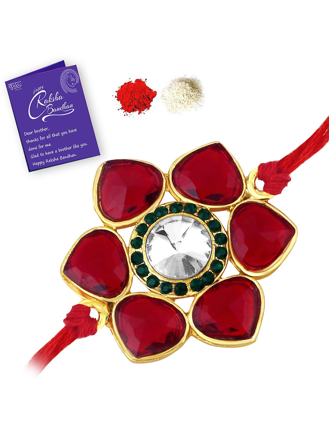 

Sukkhi Rakhi Men Red Gold-Plated Stone-Studded Rakhi With Roli Chawal & Greeting Card