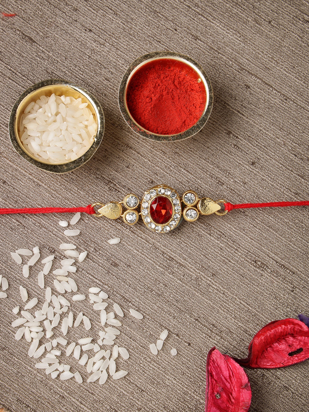 

Sukkhi Rakhi Men Red Gold-Plated Stone-Studded Rakhi With Roli Chawal & Greeting Card