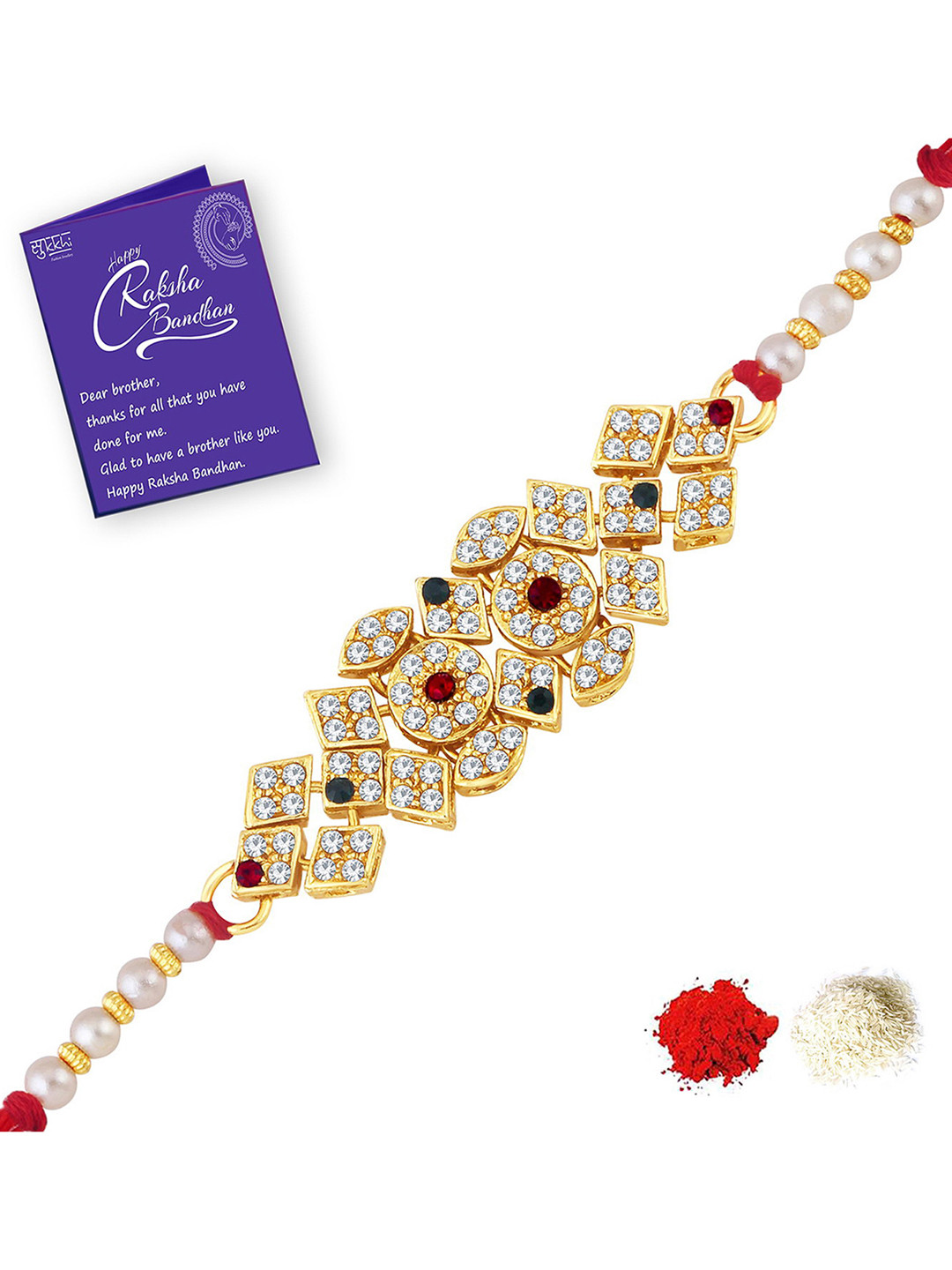 

Sukkhi Rakhi Men White & Red Gold-Plated Stone-Studded Rakhi With Roli Chawal & Greeting Card