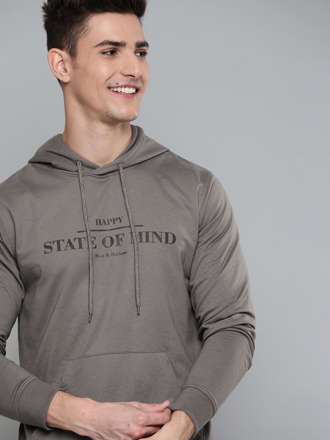 

Mast & Harbour Men Charcoal Grey Printed Hooded Sweatshirt