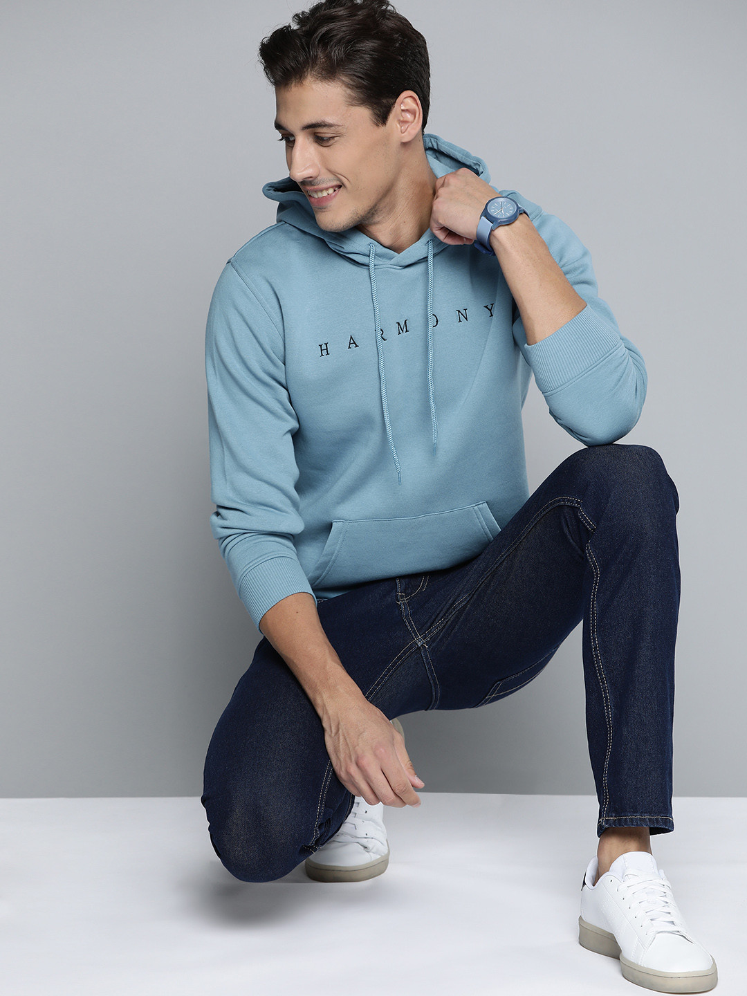 

Mast & Harbour Men Blue Embroidered Hooded Sweatshirt