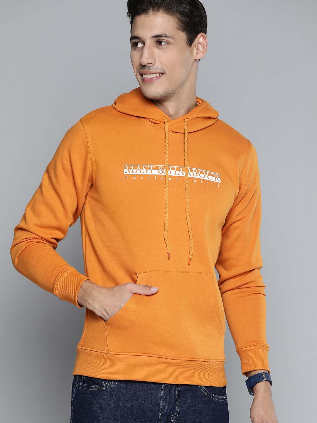 

Mast & Harbour Men Orange Printed Hooded Sweatshirt