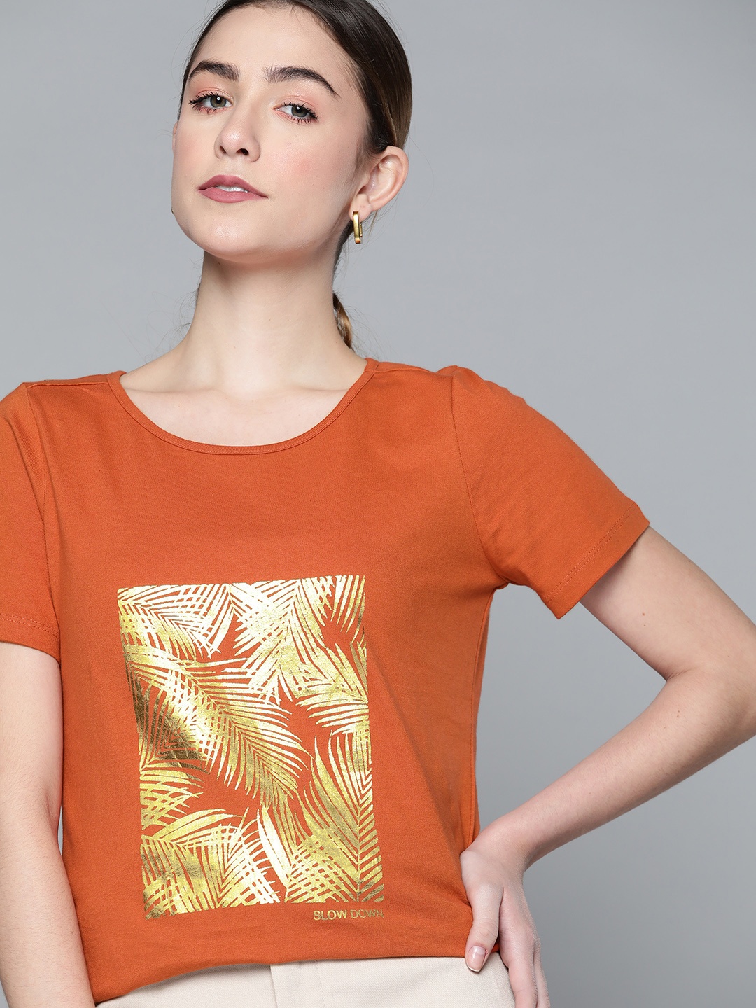 

Chemistry Women Rust Orange & Golden Tropical Print Pure Cotton T-shirt