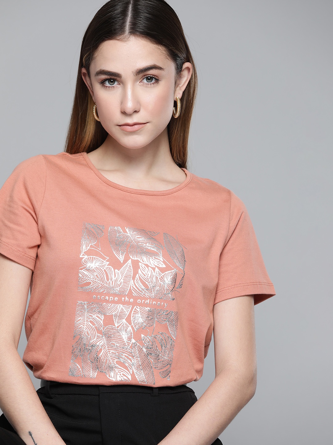 

Chemistry Women Dusty Pink & Silver Floral Foil Printed Pure Cotton T-shirt