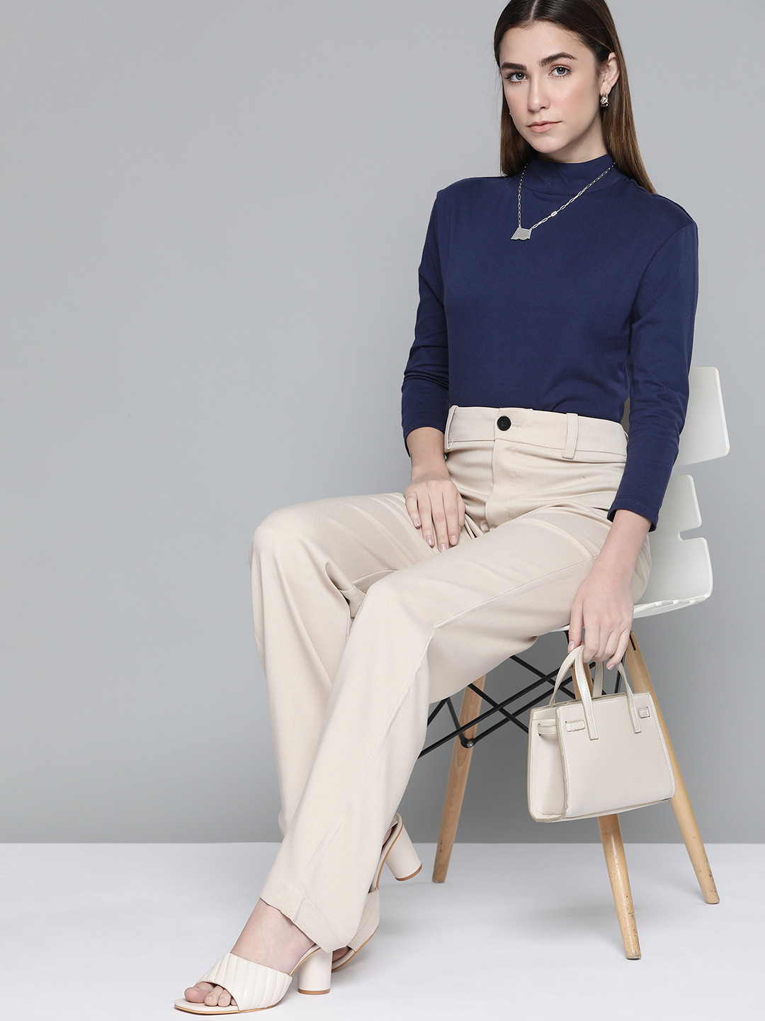 

Chemistry Women Navy Blue High Neck Pure Cotton T-shirt