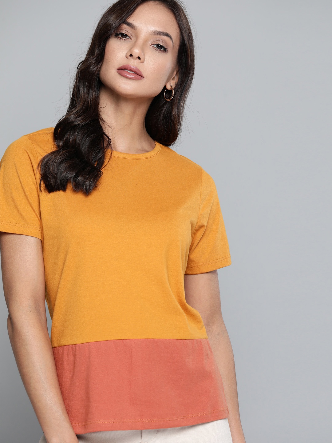 

Chemistry Women Mustard Yellow & Rust Orange Pure Cotton Colourblocked T-shirt