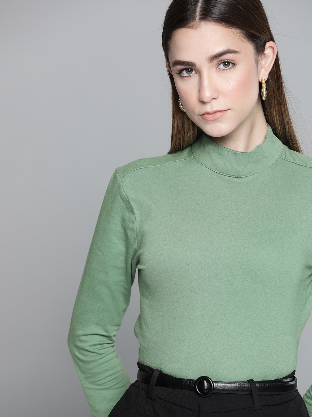

Chemistry Women Green High Neck Pure Cotton T-shirt