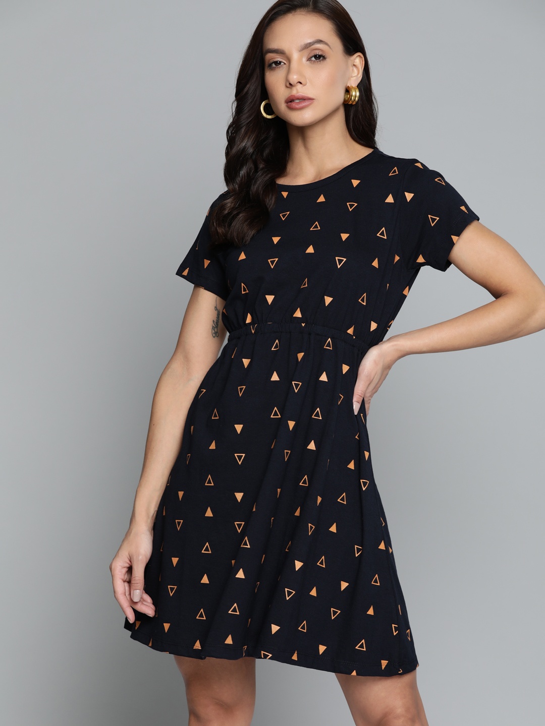 

Chemistry Navy Blue & Rust Orange Pure Cotton Printed A-Line Dress