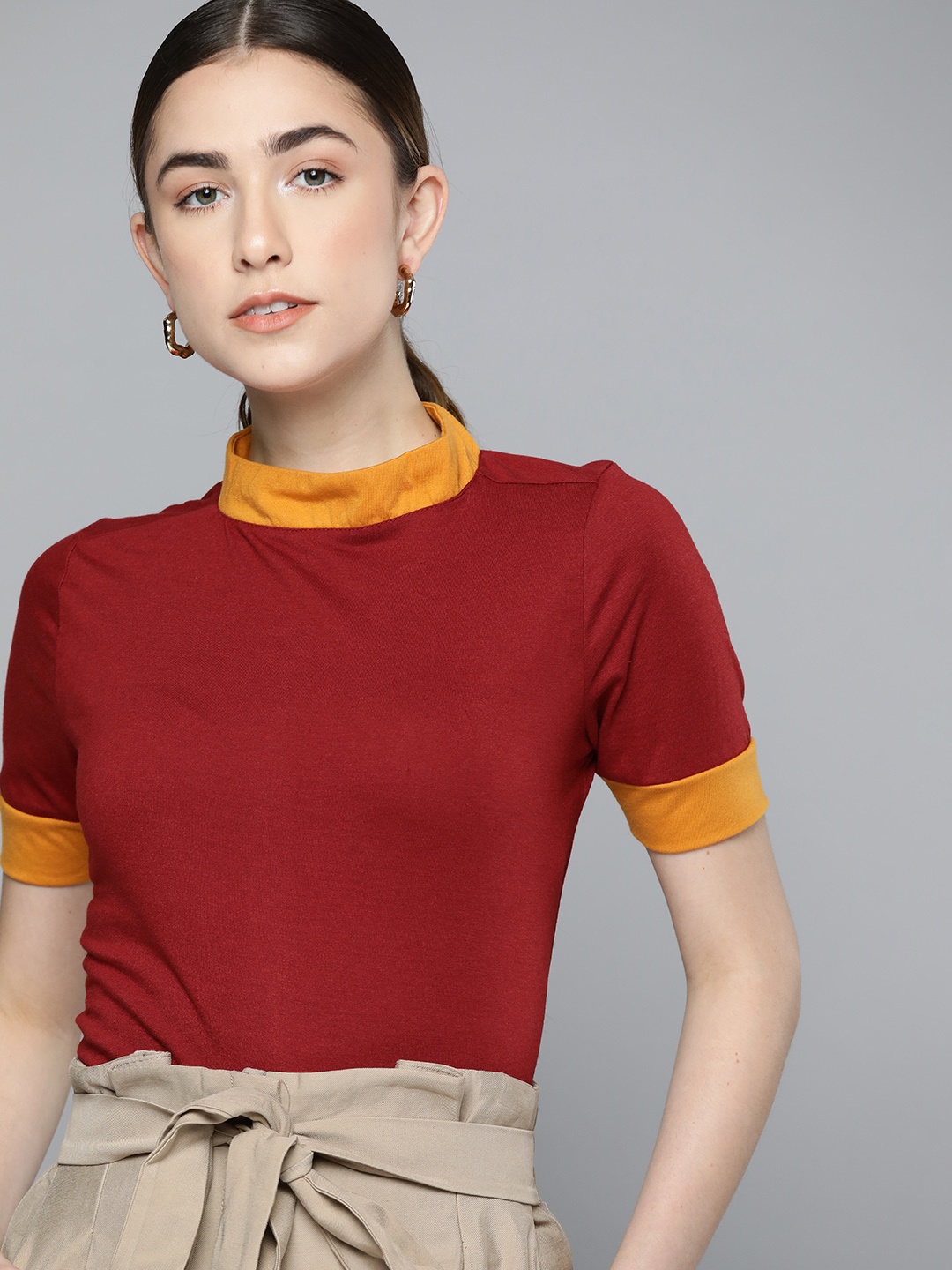 

Chemistry Women Maroon Colourblocked Pure Cotton Top