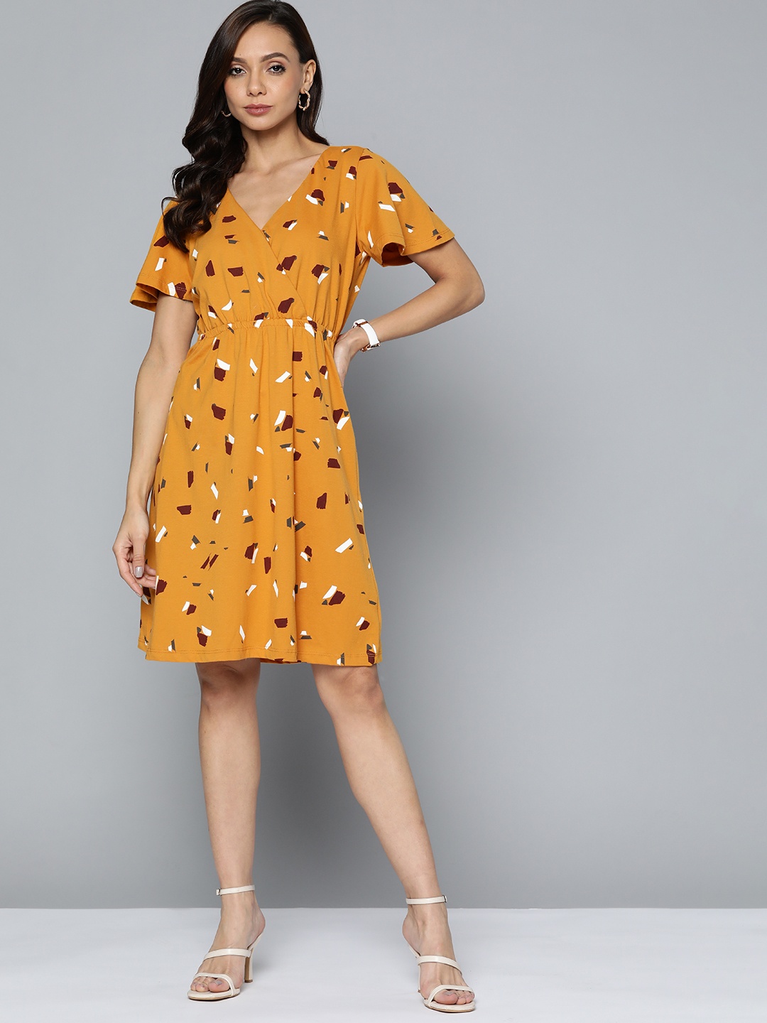 

Chemistry Mustard Yellow & White Pure Cotton Wrap Midi Dress