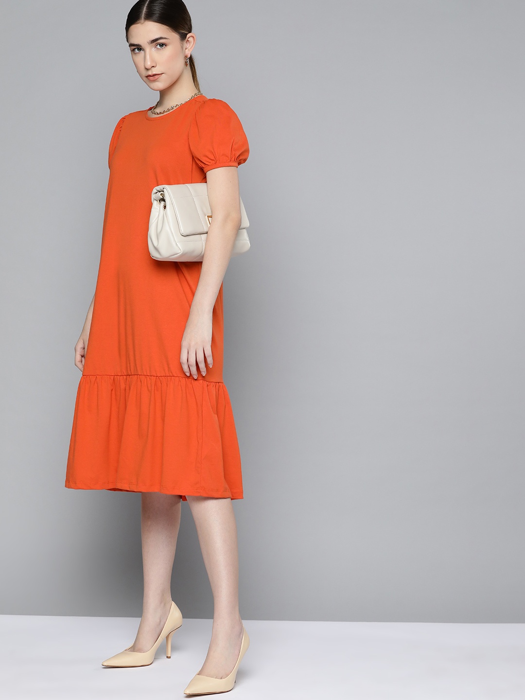 

Chemistry Orange Solid Pure Cotton A-Line Midi Dress