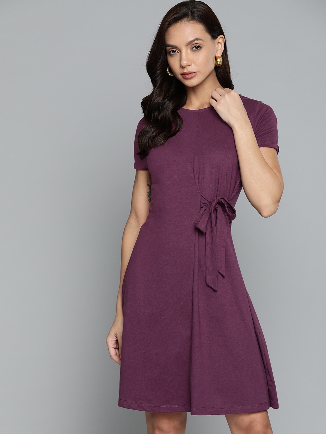 

Chemistry Purple Cotton A-Line Belted Dress
