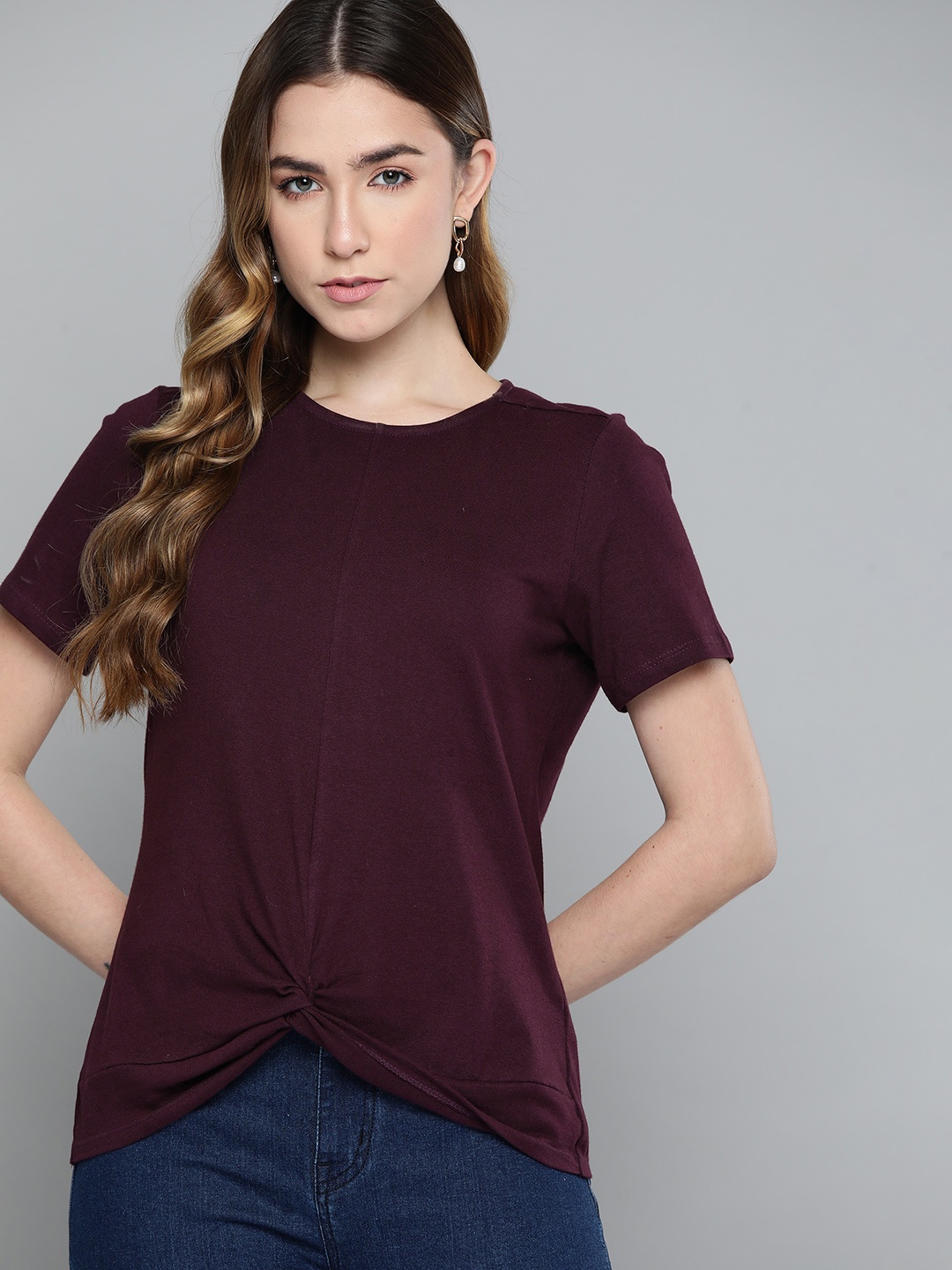 

Chemistry Women Plum Solid Pure Cotton Knot Detail T-shirt, Purple
