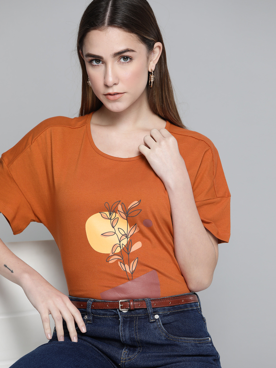 

Chemistry Women Rust Orange Printed Pure Cotton Drop-Shoulder Sleeves T-shirt