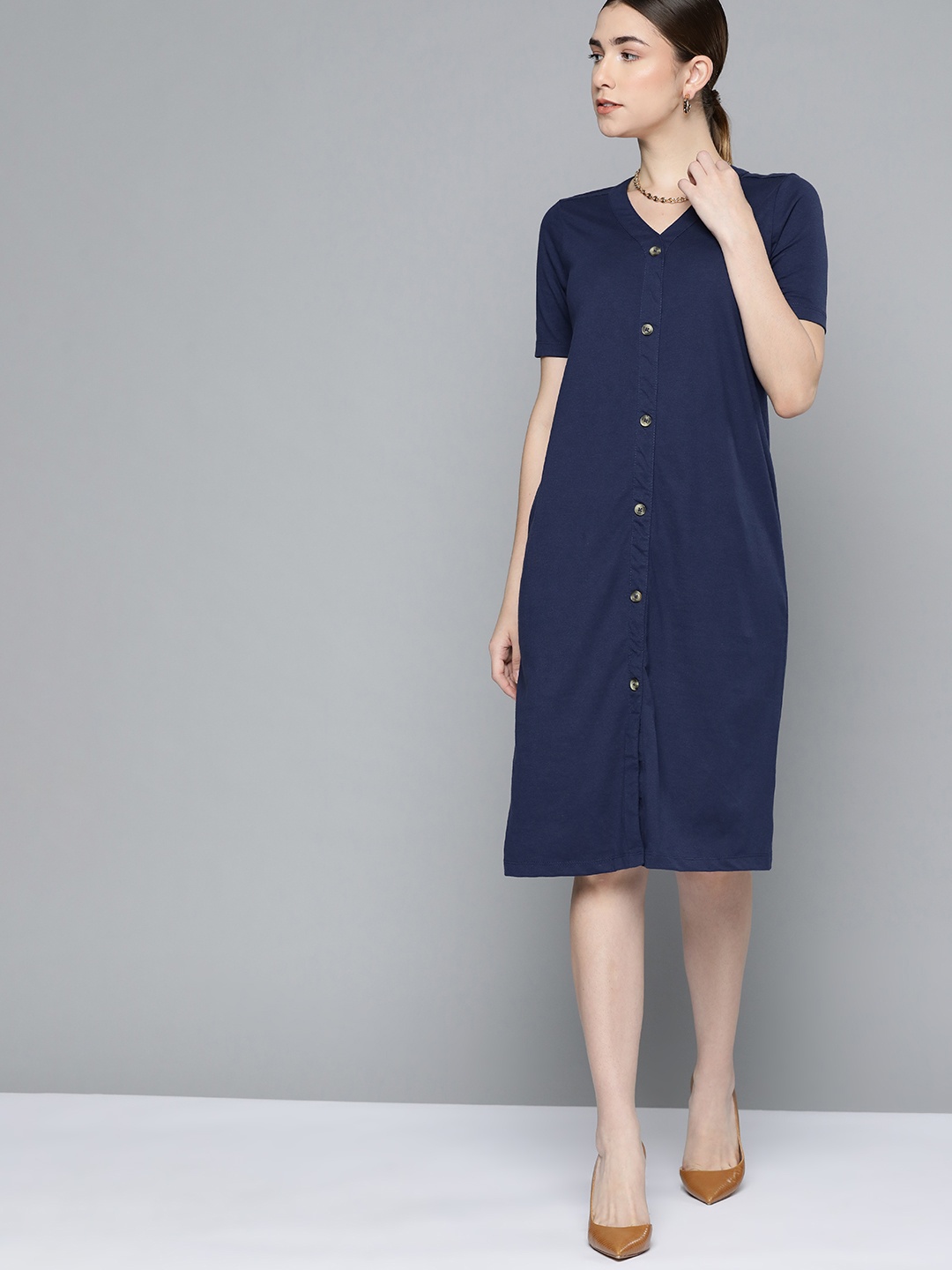 

Chemistry Navy Blue Solid Pure Cotton A-Line Dress