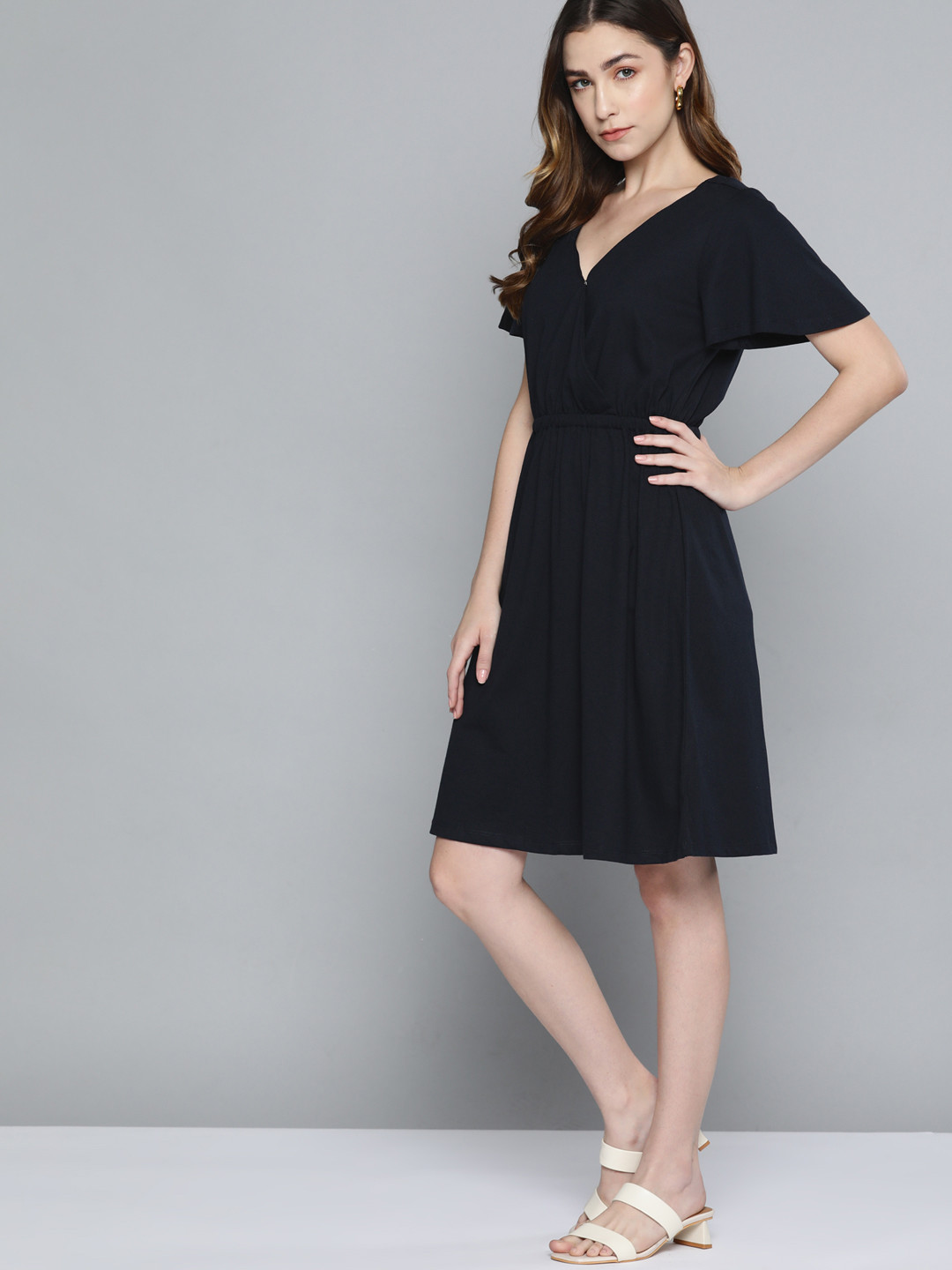 

Chemistry Women Navy Blue Solid Pure Cotton Wrap A-Line Dress