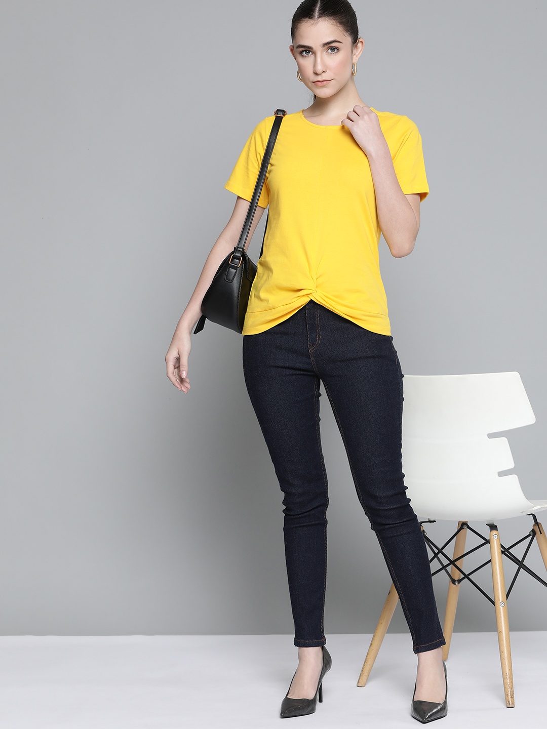 

Chemistry Women Yellow Solid Pure Cotton T-shirt