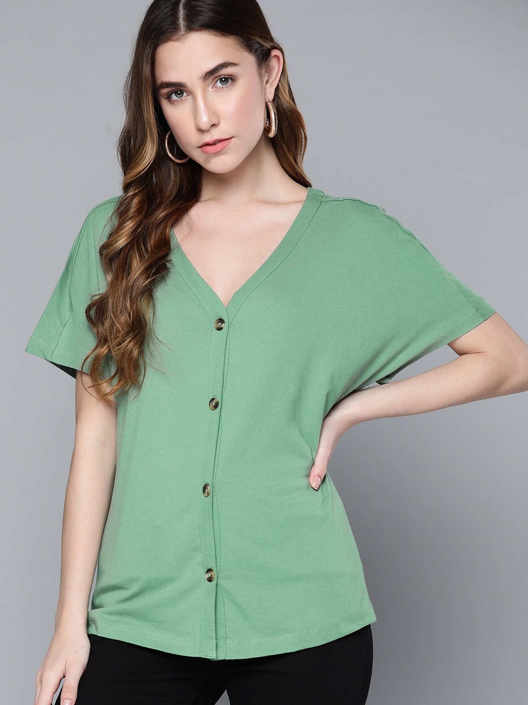 

Chemistry Women Green Pure Cotton Extended Sleeves Top