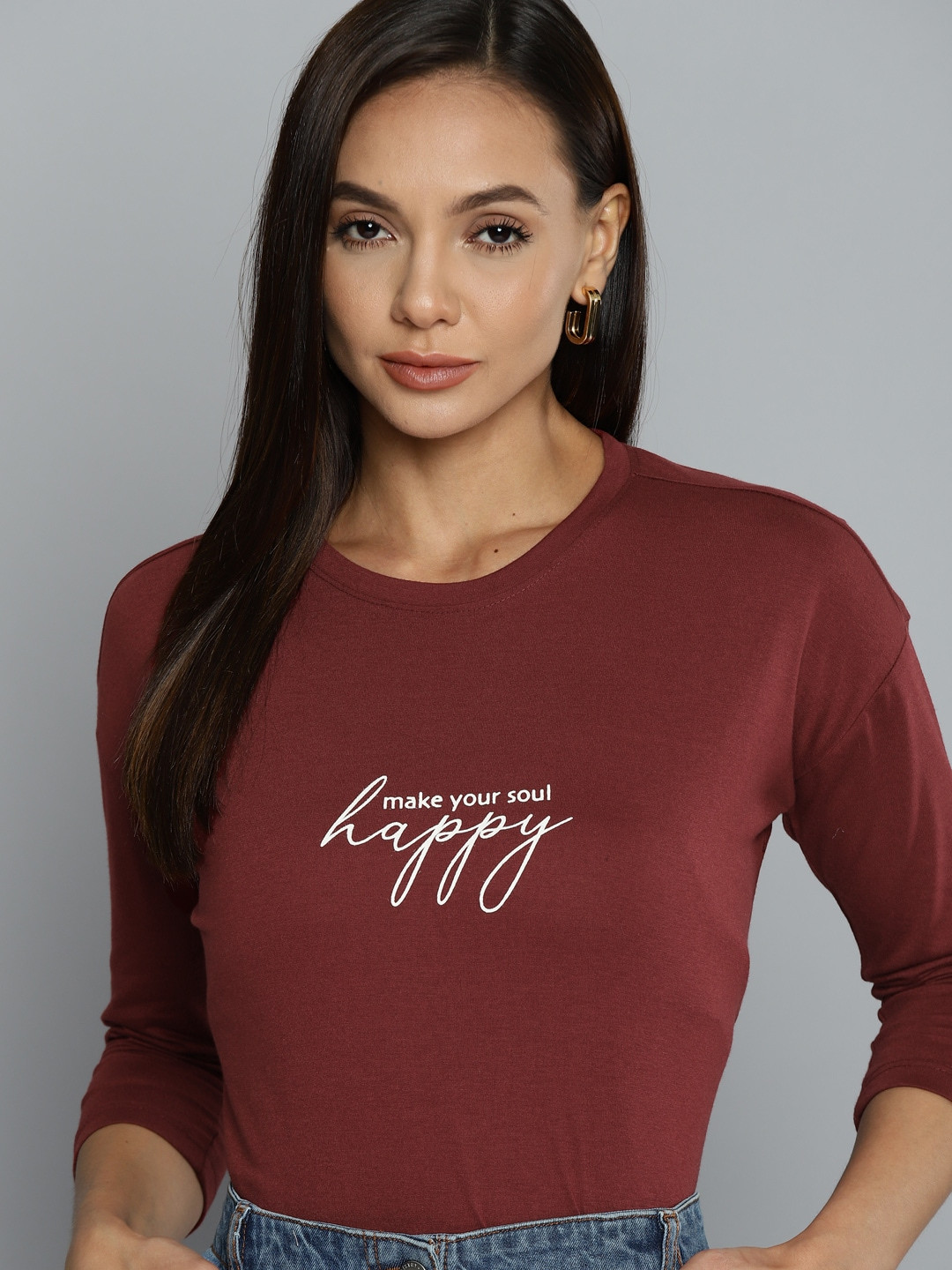 

Chemistry Women Burgundy & White Pure Cotton Typography Printed T-shirt