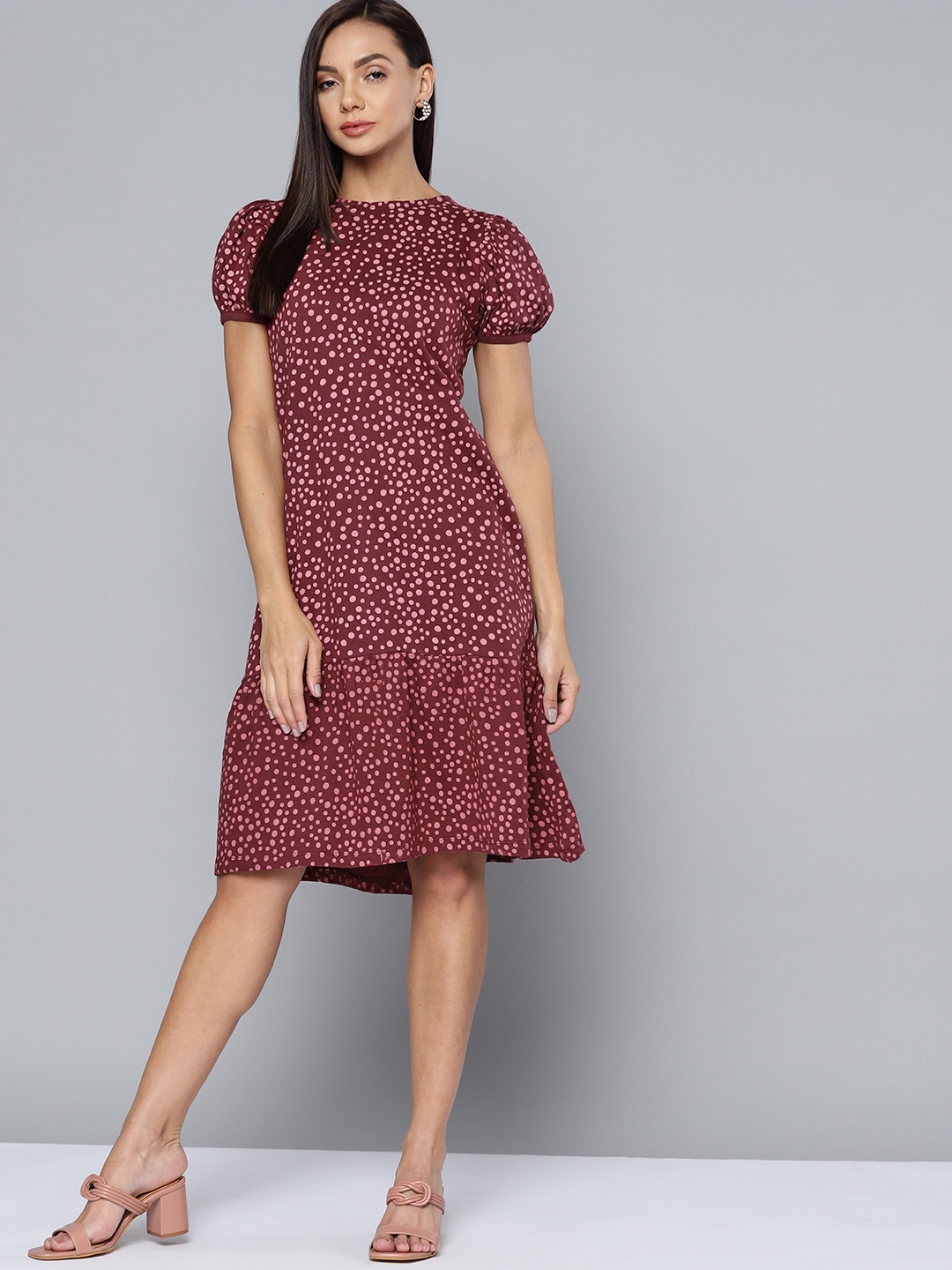 

Chemistry Women Maroon Pure Cotton Polka Dots Printed A-Line Dress