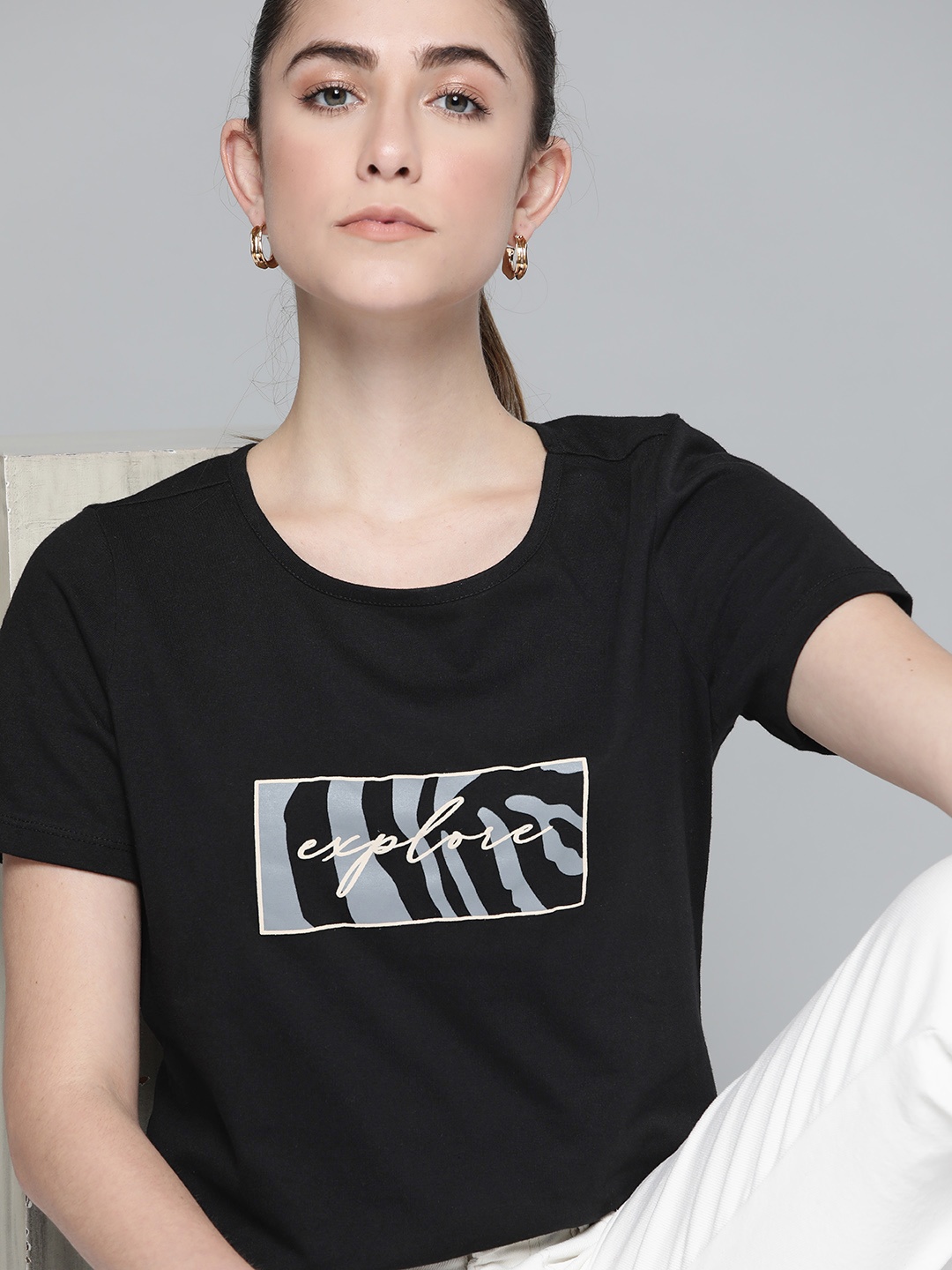 

Chemistry Women Black Printed Pure Cotton T-shirt