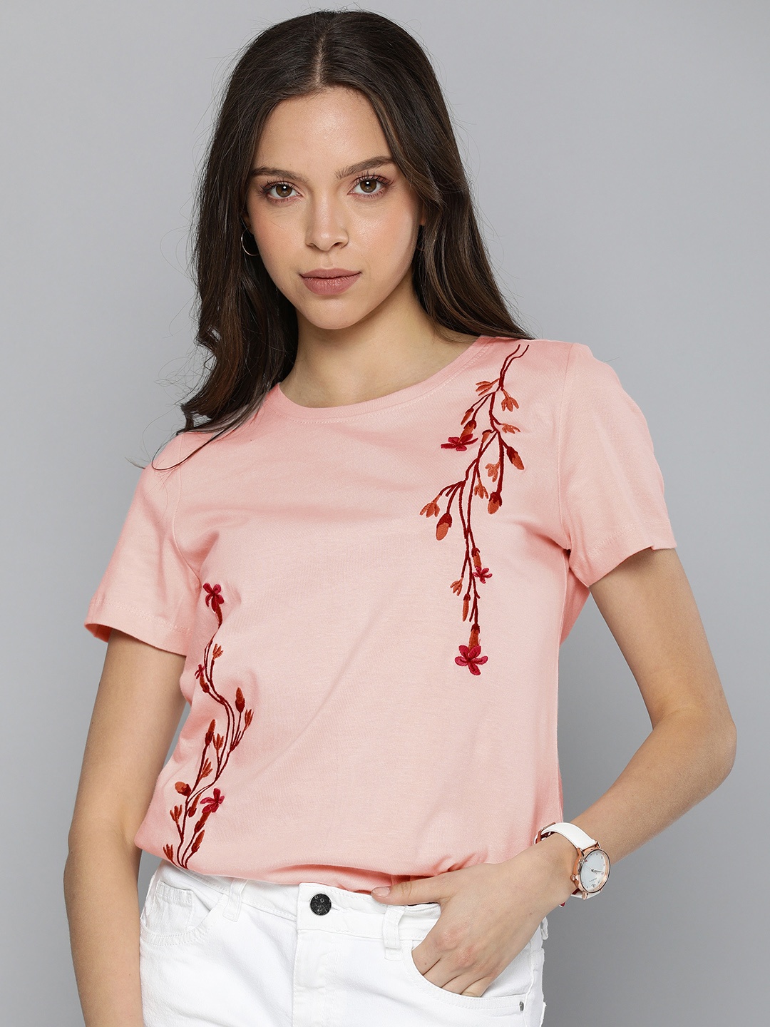 

Chemistry Women Peach-Coloured Embroidered T-shirt