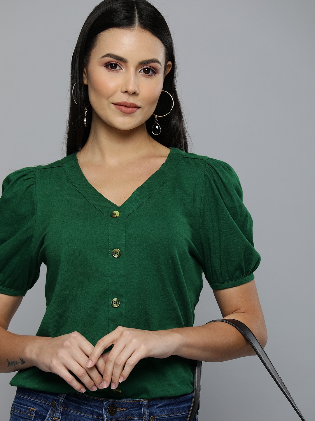 Chemistry Women Green Solid Pure Cotton Top