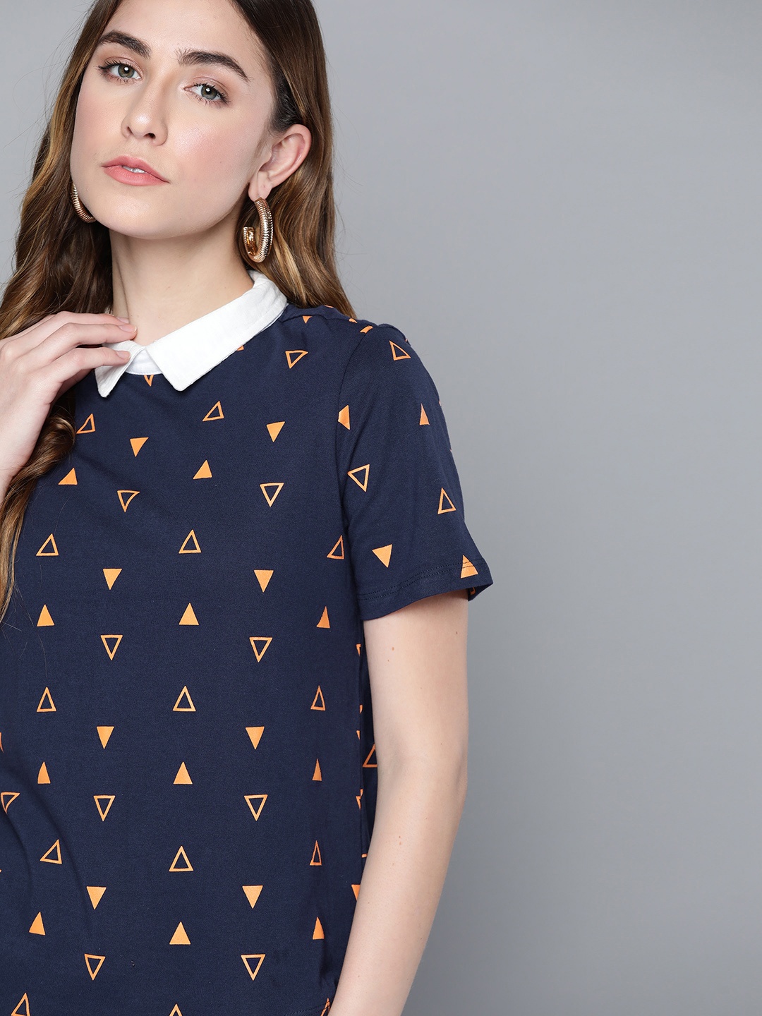 

Chemistry Women Navy Blue & Orange Printed Polo Collar Pure Cotton T-shirt