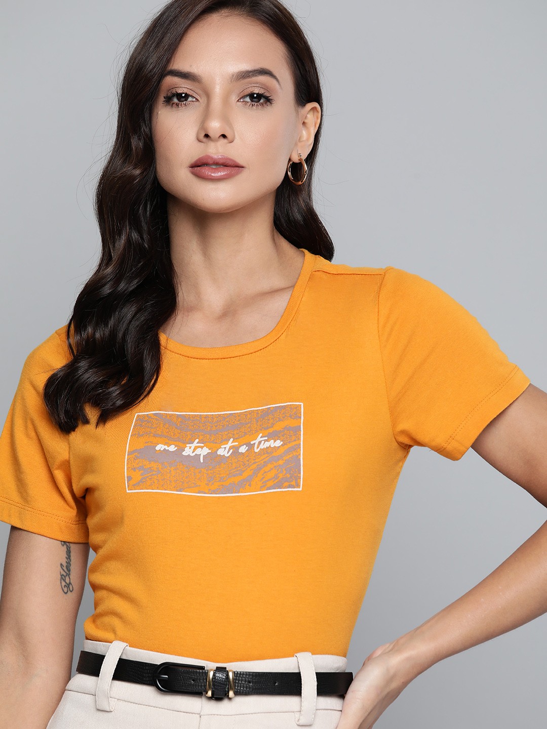

Chemistry Women Mustard Yellow Pure Cotton Typography Printed T-shirt