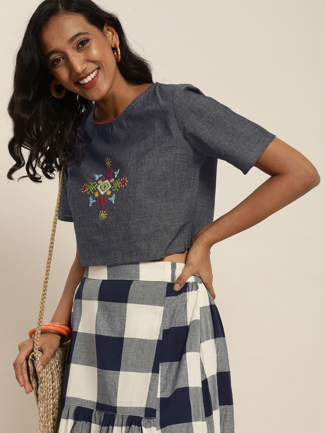 

Taavi Women Blue & White Lambani Checked Pure Cotton Sustainable Top with Skirt