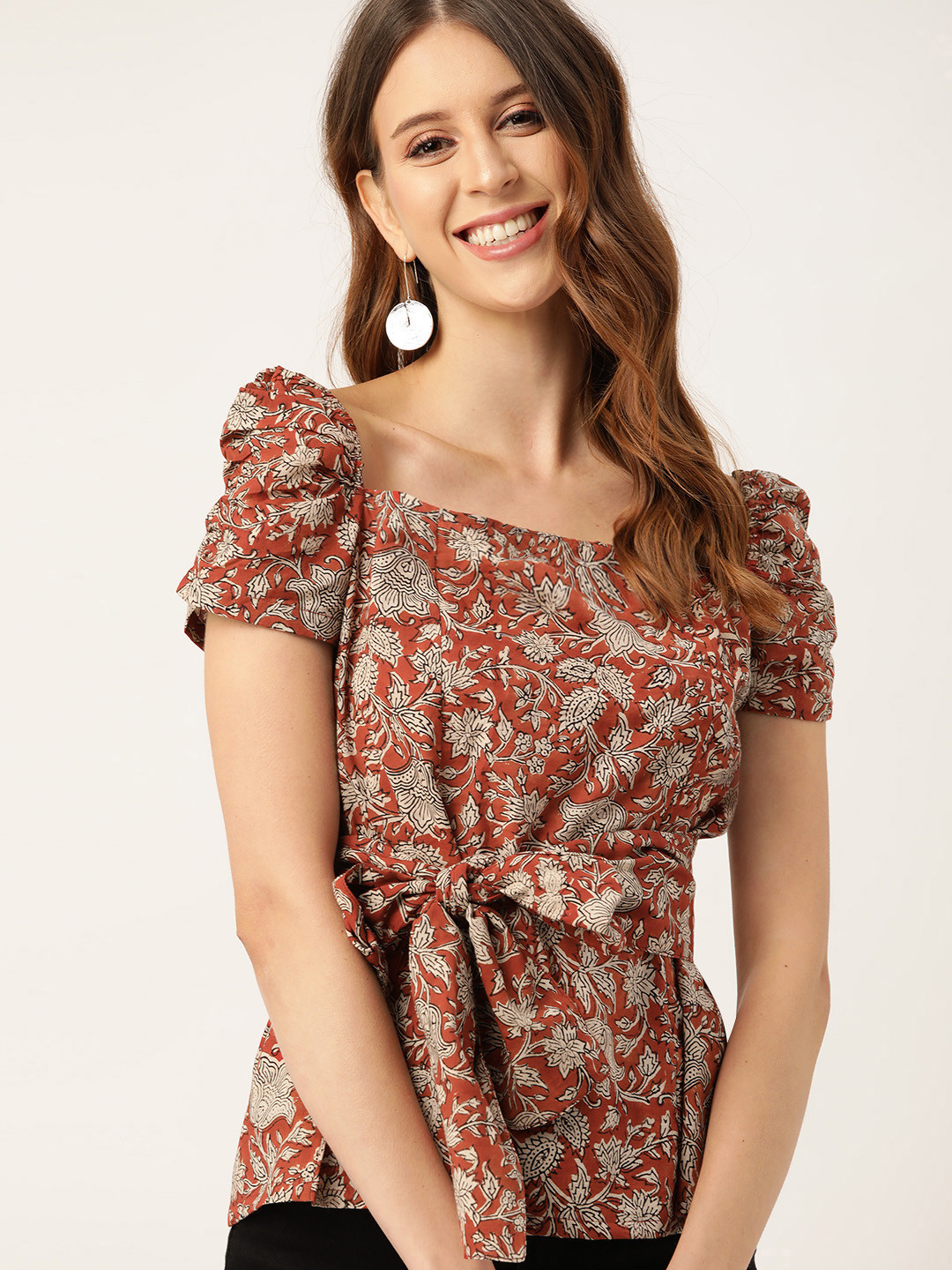 

Taavi Women Rust Brown & White Handblock & Ethnic Printed Pure Cotton A-Line Top