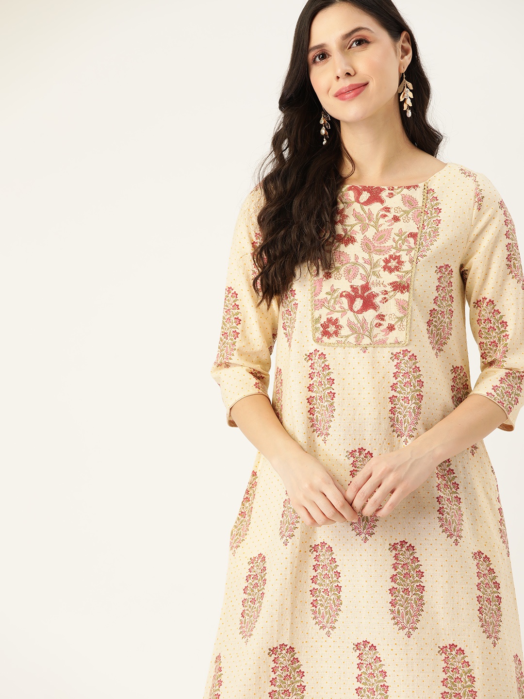 

Taavi Women Beige & Maroon Handblock Ethnic Motifs Printed Kurta