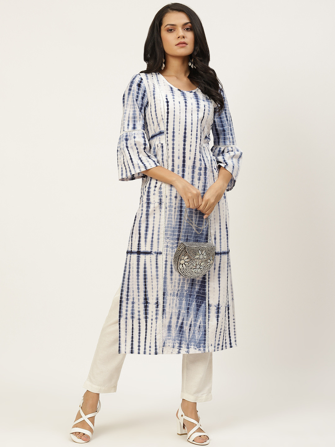 

Taavi Women White & Blue Indigo Dyed Pure Cotton Bell Sleeves Kurta