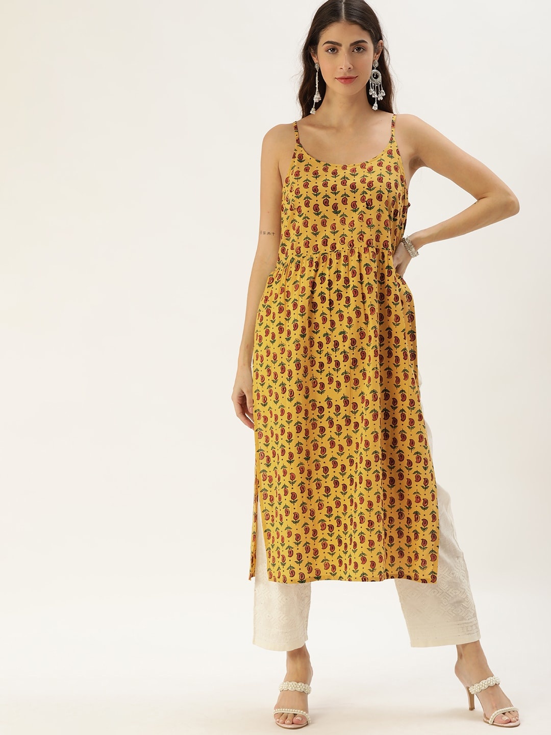 

Taavi Women Mustard Yellow & Brown Cotton Ajrakh Hand Block Print Kurta with High Slit