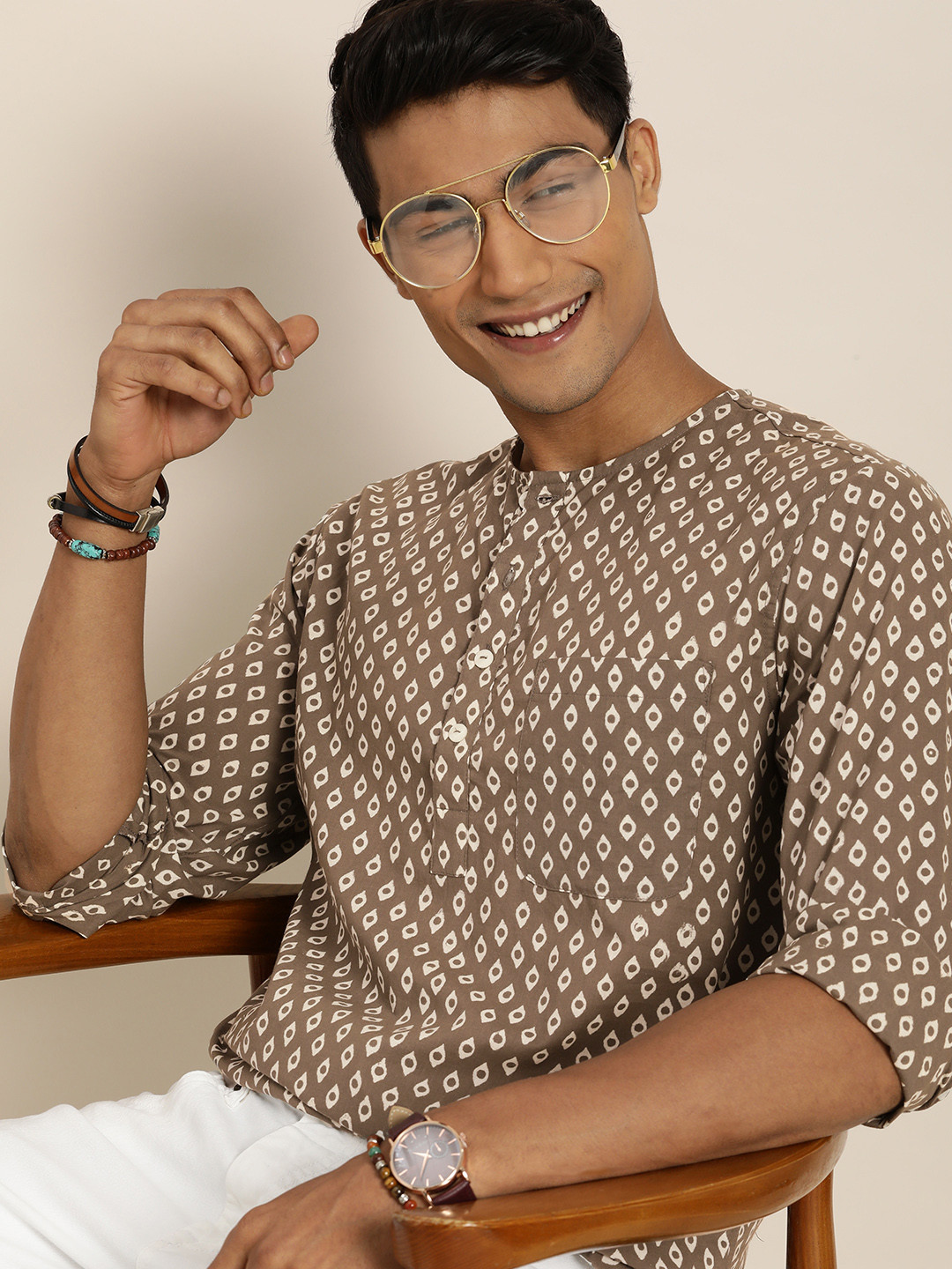 

Taavi Men Brown & White Bagru Hand Block Print Cotton Sustainable Kurta with Chest Pocket